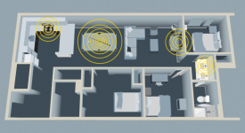 Aerial view of gray scale home layout with sound wave graphics in yellow