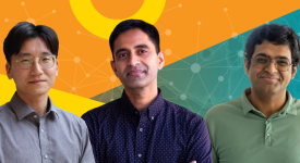 UT Austin computer science faculty members Daehyeok Kim, Aditya Akella, and Venkat Arun are launching a project to develop a new framework called Transcraft that makes the process simpler and more adaptable. Daehyeok Kim, Aditya Akella, and Venkat Arun against an abstract background of shapes.