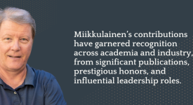 Risto Miikkulainen's headshot against a gray background with a graphic dot pattern and caption that reads, Miikkulainen’s contributions have garnered recognition across academia and industry, from significant publications, prestigious honors, and influential leadership roles.